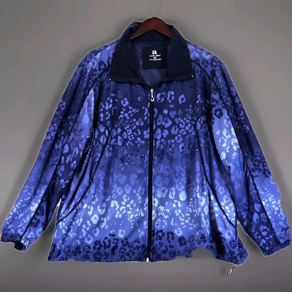 Activology Vintage Windbreaker Blue 2XL Ombre Leopard Print Jacket Full Zip